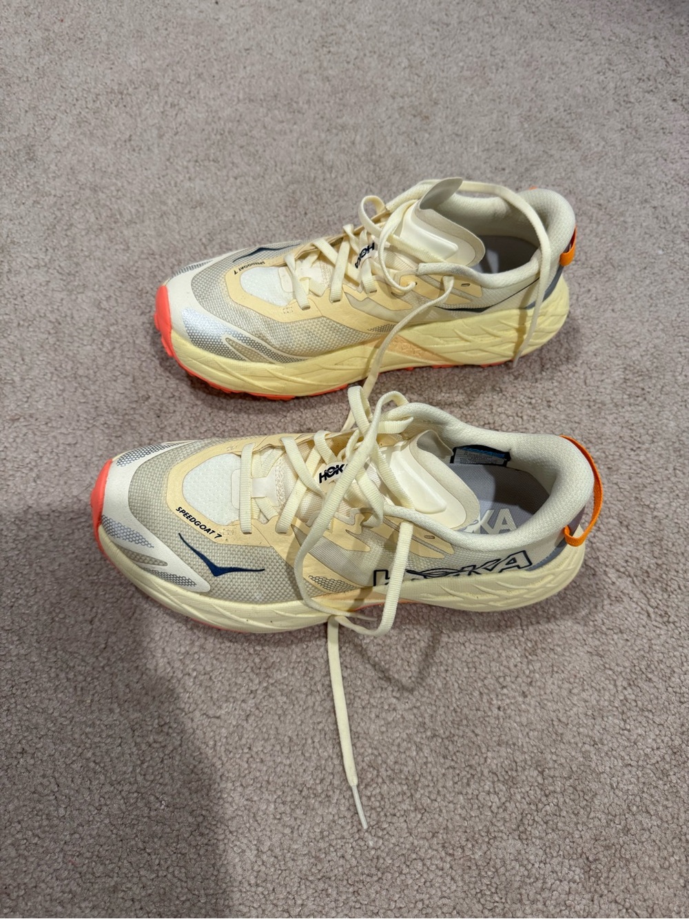 Hoka Speedgoat 7 Cream and Coral Trail Sneakers - Picture 2 of 14